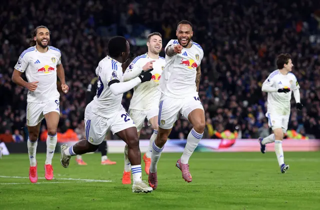 Lukas Nmecha of Leeds United celebrates scoring his team's first goal
