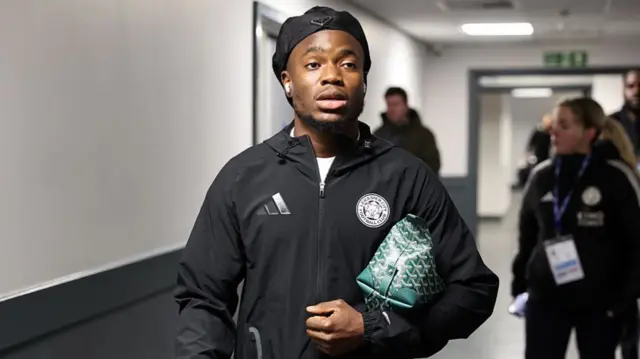 Abdul Fatawu of Leicester City arriving at The CBS Arena ahead of the Championship match between Coventry City and Leicester City