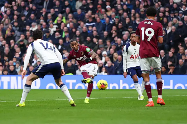 Crysencio Summerville of West Ham United scores the opening goal