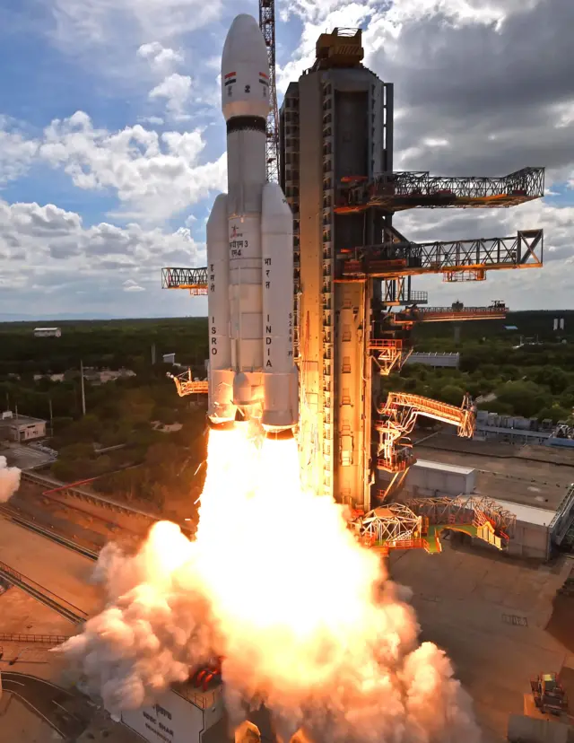 A handout photo made available by the Indian Space Research Organisation (ISRO) of its Chandrayaan-3 (Moon Vehicle-3) lifting off