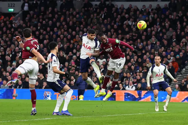Cristian Romero of Tottenham Hotspur scores a goal 1-1