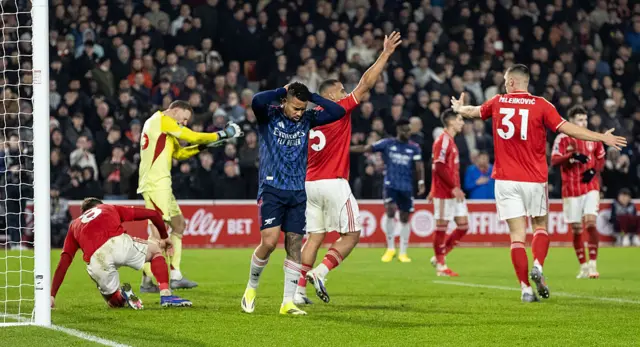 Arsenal's Gabriel Jesus (centre) rues a near miss
