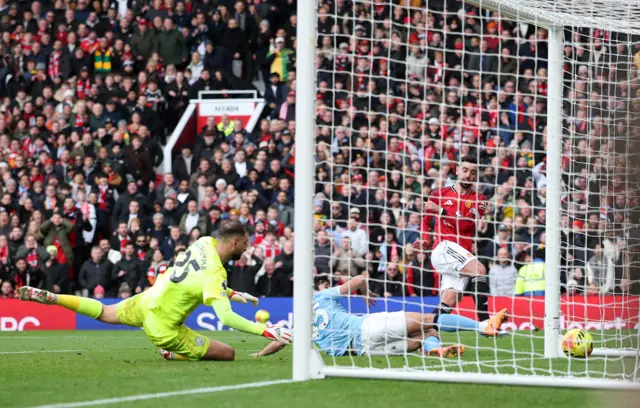 Manchester United's Bruno Fernandes scores a goal that is later disallowed