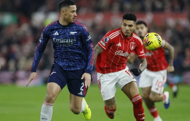 Arsenal's William Saliba in action with Nottingham Forest's Igor Jesus