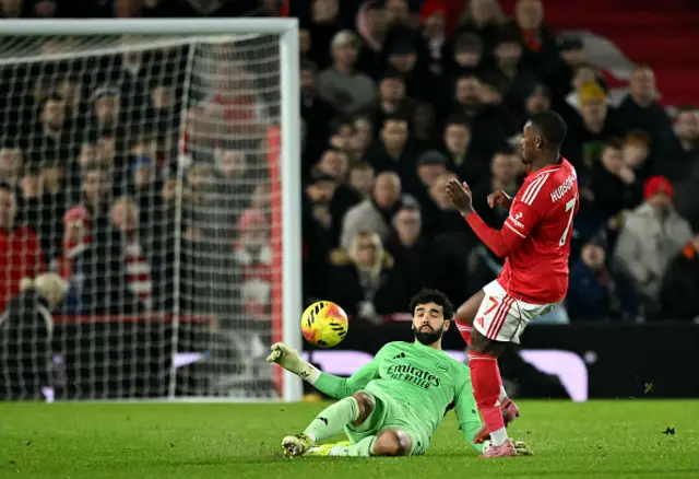 David Raya clears the ball away from Nottingham Forest's English midfielder Callum Hudson-Odoi