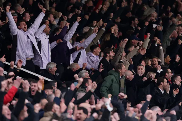 Matthijs de Ligt, Joshua Zirkzee and Jim Ratcliffe celebrate their sides second goal by Patrick Dorgu (not pictured) during the Premier League match between Manchester United and Manchester City at Old Trafford on January 17, 2026 in Manchester, England.
