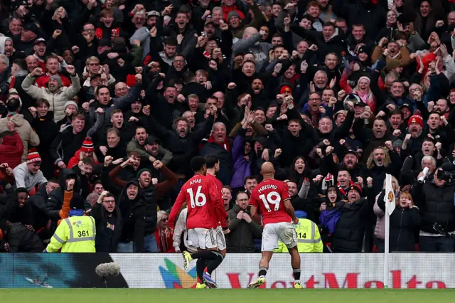 Bryan Mbeumo of Manchester United celebrates scoring his team's first goal