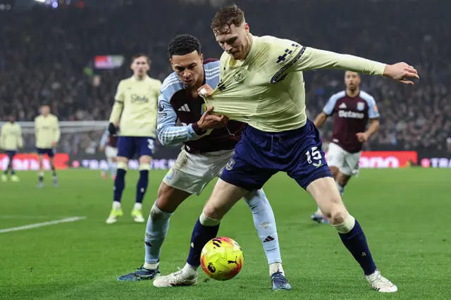 Jake O'Brien (R) clashes with Aston Villa's English midfielder Morgan Rogers