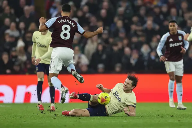 James Tarkowski (C) tackles Aston Villa's Belgian midfielder Youri Tielemans