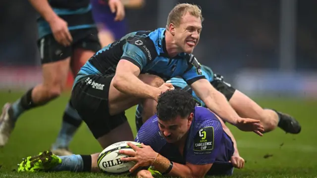 Julian Heaven of Exeter Chiefs goes over to score their sides fourth try during the EPCR Challenge Cup match between Exeter Chiefs and Cardiff Rugby