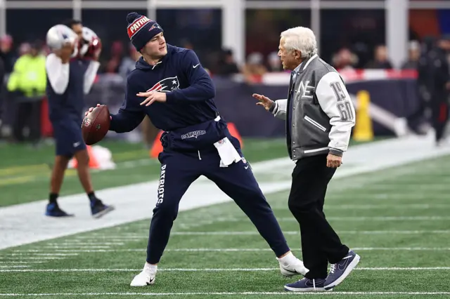 Robert Kraft with quarterback Drake Maye