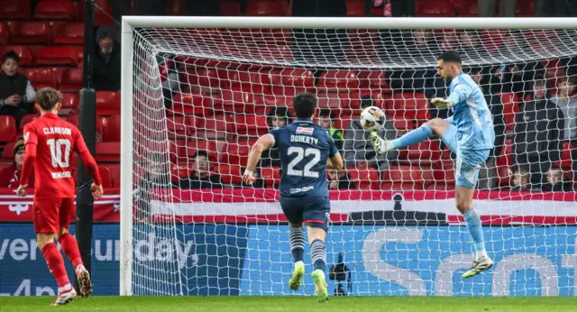 Aberdeen goalkeeper Dimitar Mitov clears off the line