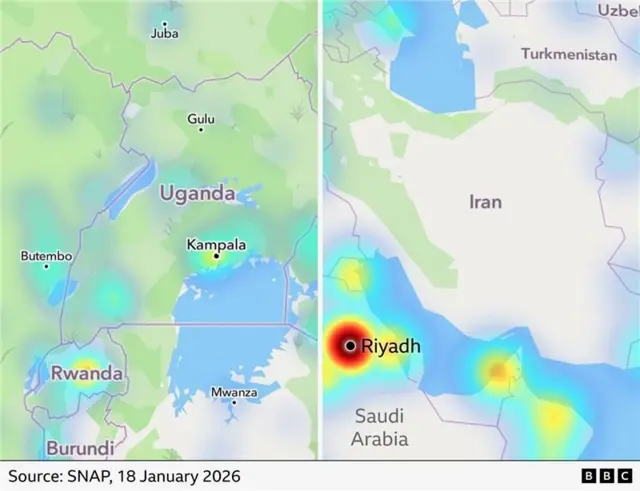 On the left we can we see hotspots for Snap activity in Uganda yesterday - compared with the right-hand panel showing nothing being uploaded in Iran