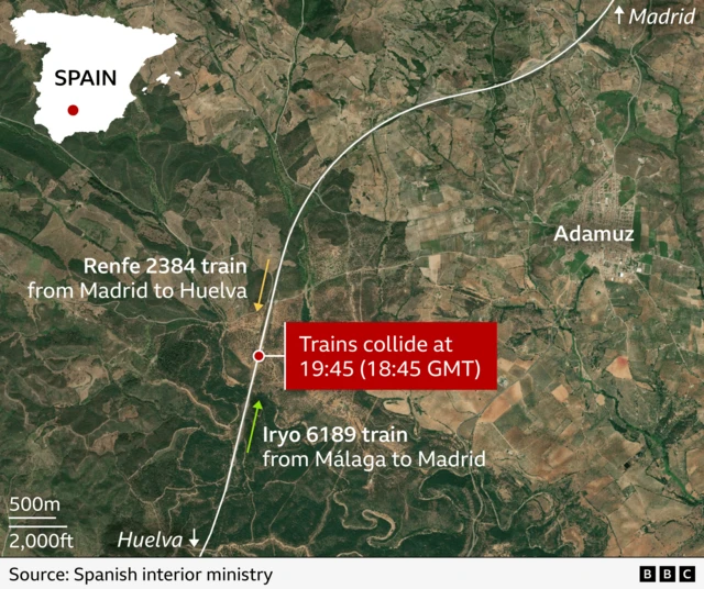 A graphic shows the location of where the two trains collided, near Adamuz in southern Spain.