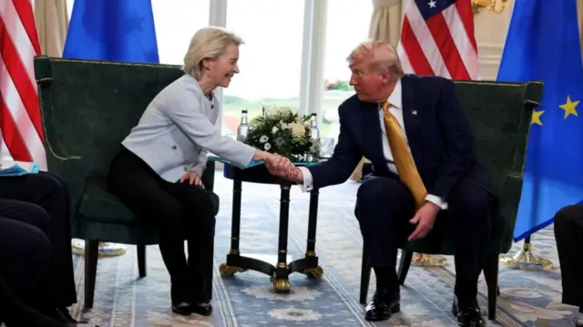 Ursula von der Leyen shakes hands with Donald Trump in a room full of American and EU flags