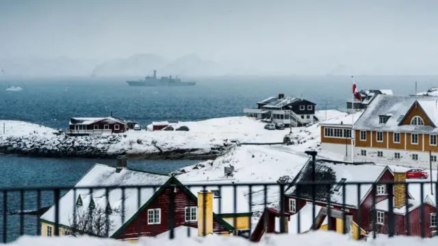 The Danish navy's inspection ship HDMS Vaedderen sails off Nuuk, Greenland, on Sunday