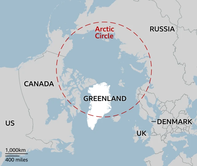 A map showing Greenland's location in relation to US, Canada, UK and Denmark
