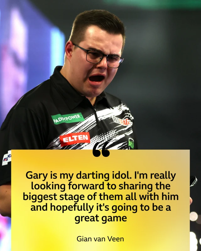 Quote box of Gian van Veen saying Gary Anderson is his "darting idol"