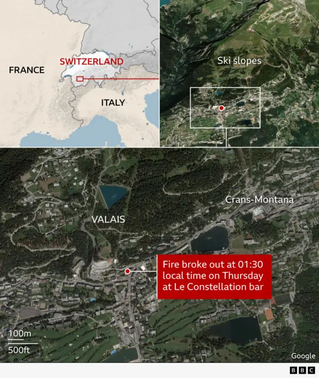 Composite map showing the location of Crans-Montana in Valais, Switzerland. The top-left panel highlights Switzerland's position in Europe near France and Italy. The top-right panel shows ski slopes around Crans-Montana. The bottom panel zooms into the area with a marked point where a fire broke out at The Constellation Bar at 01:30 local time.
