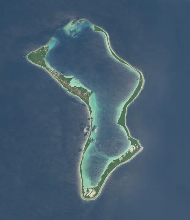 Processed and enhanved Sentinal-2 satellite imagery captures Diego Garcia, the largest island of the Chagos Archipelago