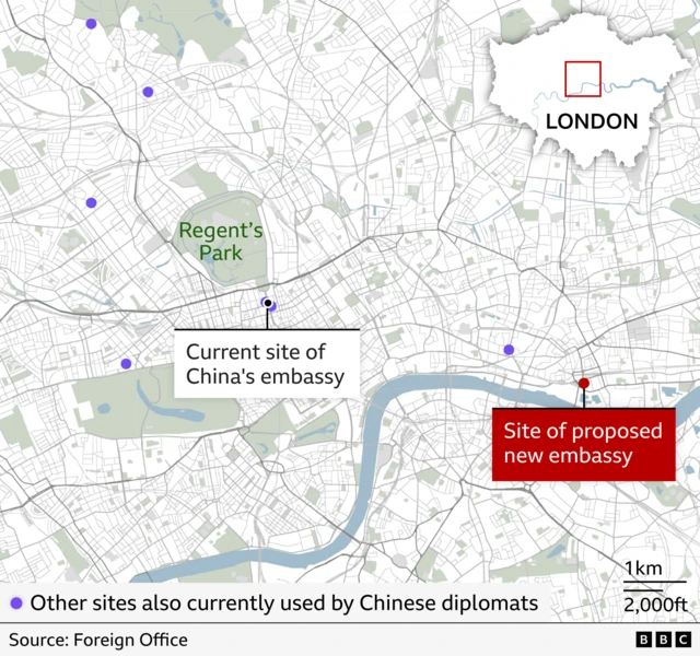 A BBC map showing the location of various Chinese government buildings in London - ranging from Hampstead in the north to Bayswater - including the sites of the current and future embassies
