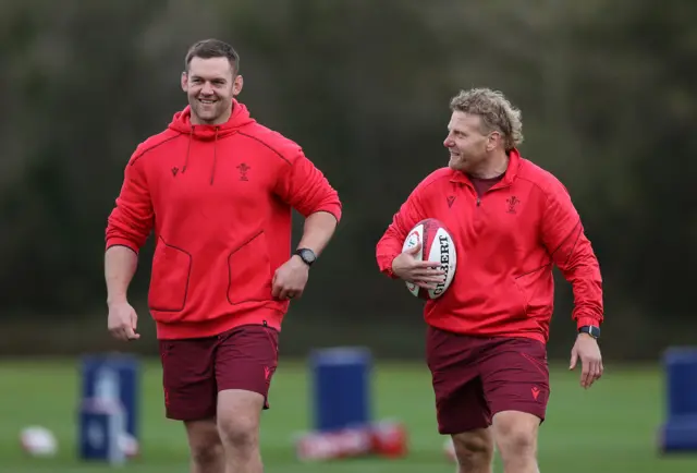 Coaches Dan Lydiate and Duncan Jones at Wales training