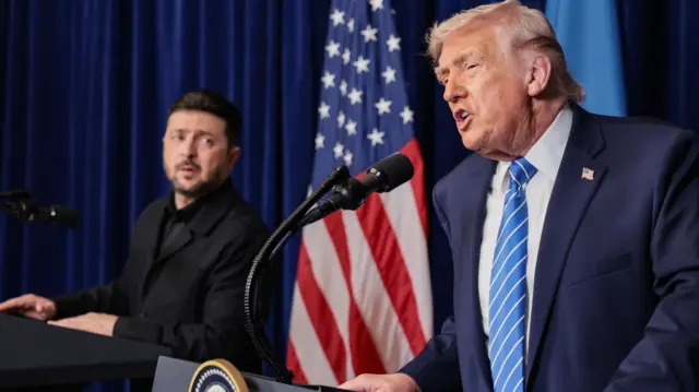 Zelensky and Trump at a press conference in December 2025