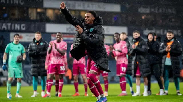 Norwich City celebrate at full-time after the 5-0 win over West Brom