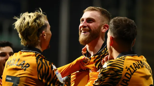 Hull City celebrate Oli McBurnie's goal at Preston, which put them 3-0 up