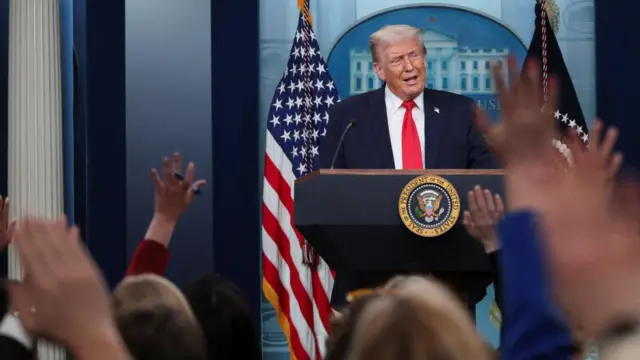 Donald Trump takes questions from the press at a White House briefing