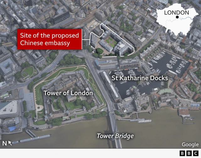 Picture showing the location of the proposed Chinese embassy in London, near the Tower of London, Tower Bridge and St Katharine Docks.