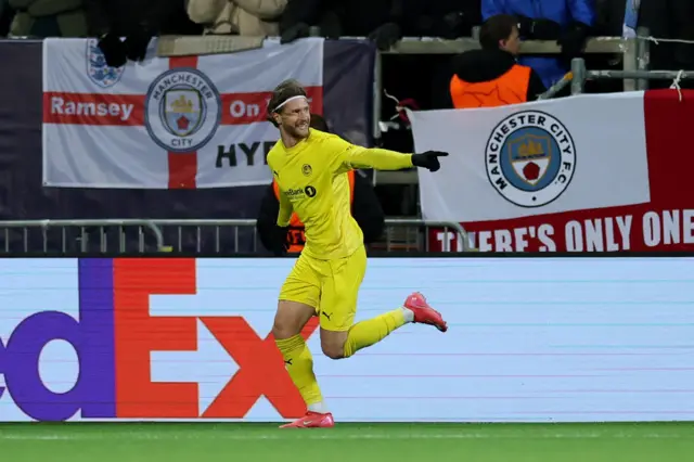 Kasper Hogh celebrates scoring against Manchester City