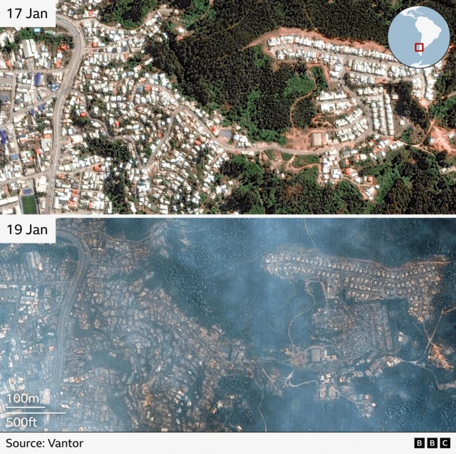 two satellite image - the top one showing Lirquen on 17 January before the fire and the bottom on the 19th where houses can be seen to have been destroyed. The image is partially obscured by smoke or cloud