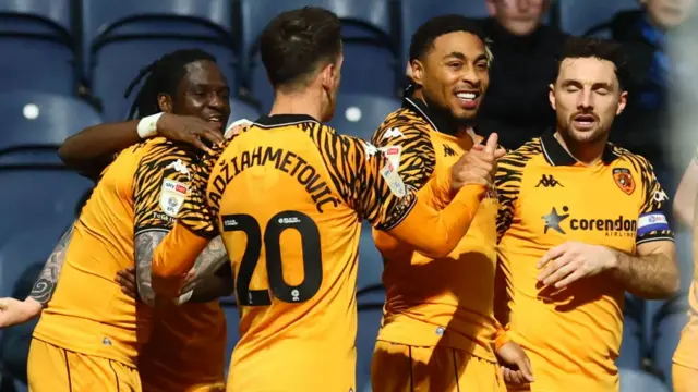 Hull celebrate Akin Famewo's goal at Preston