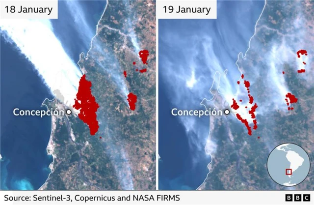 A graphic showing on the left - a lot of red dots near Concepcion, Chile, on 18 January suggesting a significant number of heat sources and (right) fewer red dots in the same area on 19 January, which suggests the fires have died down a bit