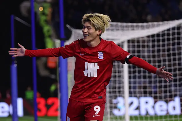 Kyogo celebrates scoring for Birmingham at Sheffield Wednesday