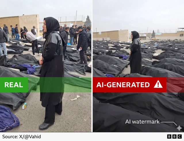 On the left of this graphic is the original photo showing a woman dressed in black standing among several bodybags. The AI-altered image on the right shows the same woman with a much bigger number of bags - an AI watermark can be seen in the bottom right-hand corner