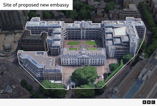 A close-up satellite image of the site of the proposed new Chinese embassy in London, highlighting the boundaries of the site. The site features an older central building next to a courtyard, which is surrounded by several taller, more modern buildings.