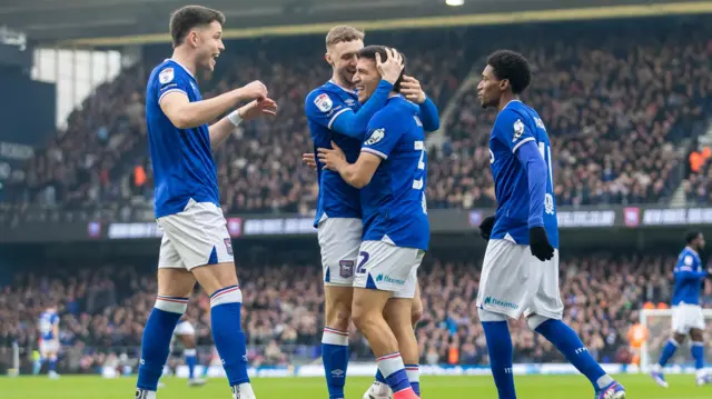 Ipswich players celebrate a goal in the 3-0 win over Blackburn