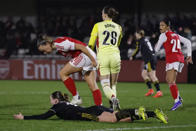 Arsenal's Katie McCabe clashes with Manchester United's Elisabeth Terland