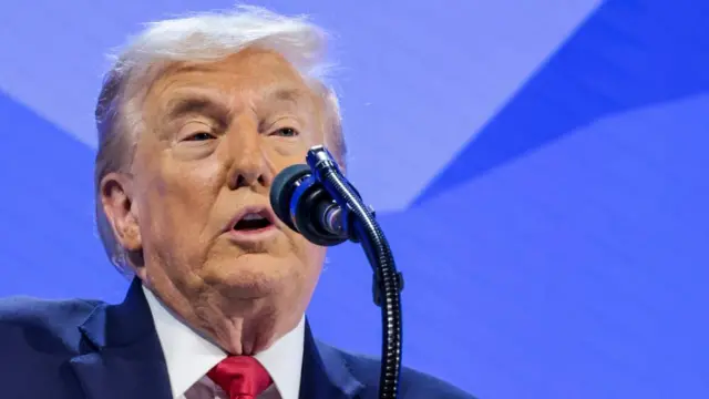 Donald Trump speaking into a microphone.