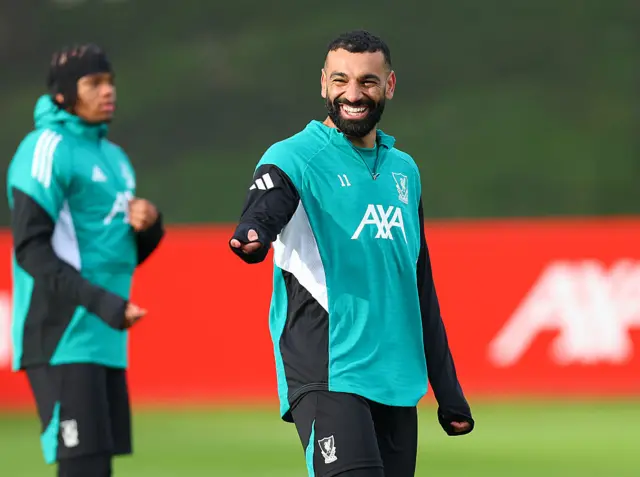 Mohamed Salah laughing in Liverpool training