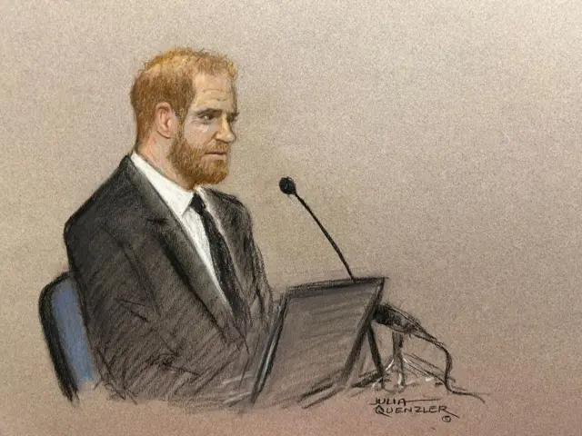 Court sketch shows Prince Harry, Duke of Sussex, giving evidence in the High Court (Royal Courts of Justice) during his legal proceedings against the publisher of the Daily Mail and Mail on Sunday, the Associated Newspapers Limited (ANL).