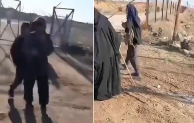 Two video screengrabs showing people outside fences and gates to the camp