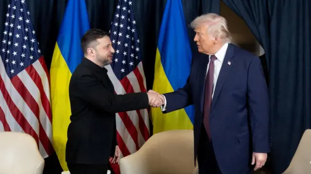 Donald Trump and Volodymyr Zelensky standing in suits, looking at each other and shaking hands