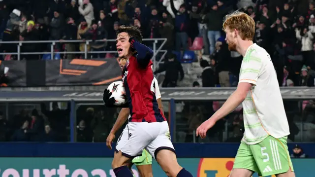 Bologna's Thijs Dallinga celebrates scoring their first goal