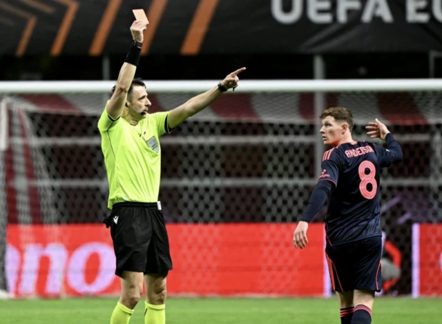 Nottingham Forest's Elliot Anderson reacts after being sent off