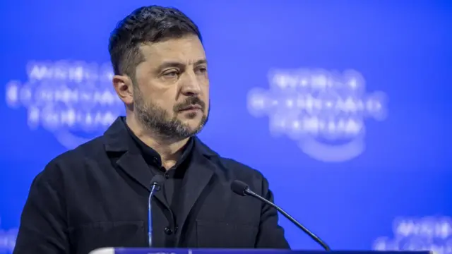 Ukrainian President Volodymyr Zelensky speaks during a panel discussion at the World Economic Forum