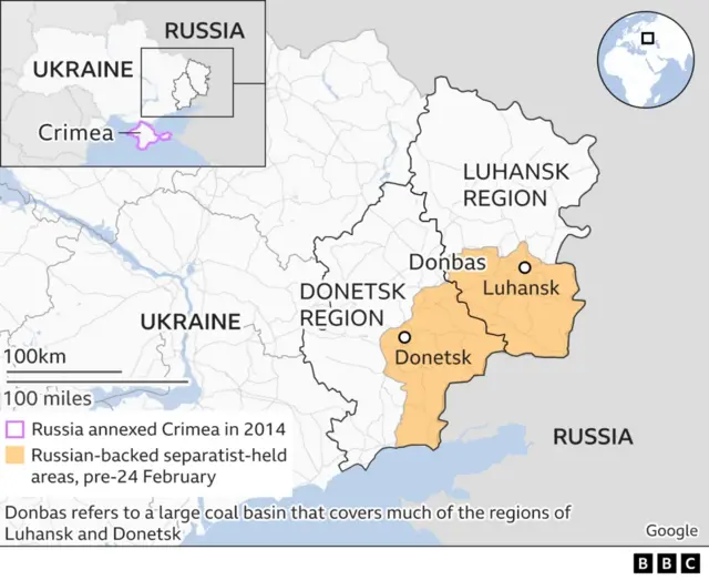 A map of Ukraine that locates Donetsk and Luhansk on the East, most of it is white but some is orange - indication Russian-backed separatist held areas.