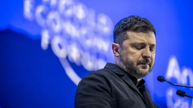 Ukrainian President Volodymyr Zelensky speaks at the World Economic Forum in Davos